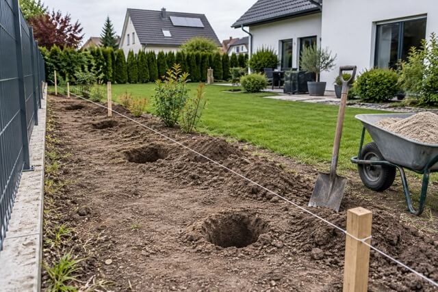Vorbereitung des Geländes für die Montage eines Doppelstabmattenzauns